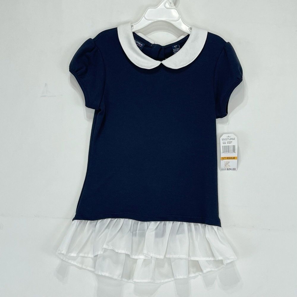 Nautica Girls Shirt Dress Size 7 Small Petite Navy Blue And White